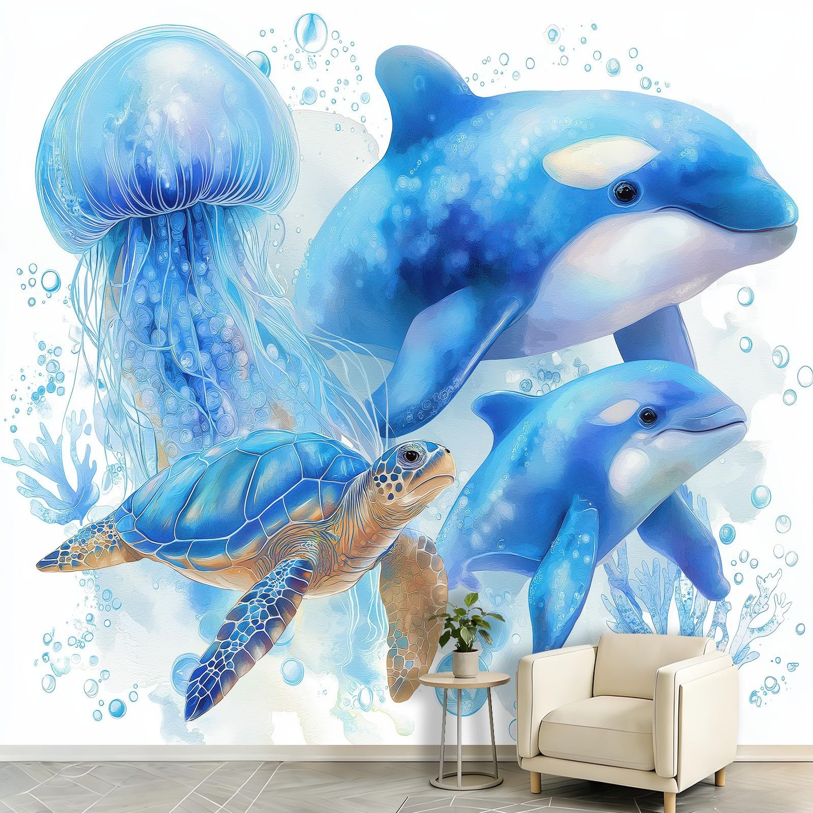 Générique Tapeta z włókniny panoramiczny ocean akwarela 400 x 280 cm, delfin zwierzę tapeta - do salonu, sypialni, jadalni, dekoracji ścian, rozmiar na zamówienie