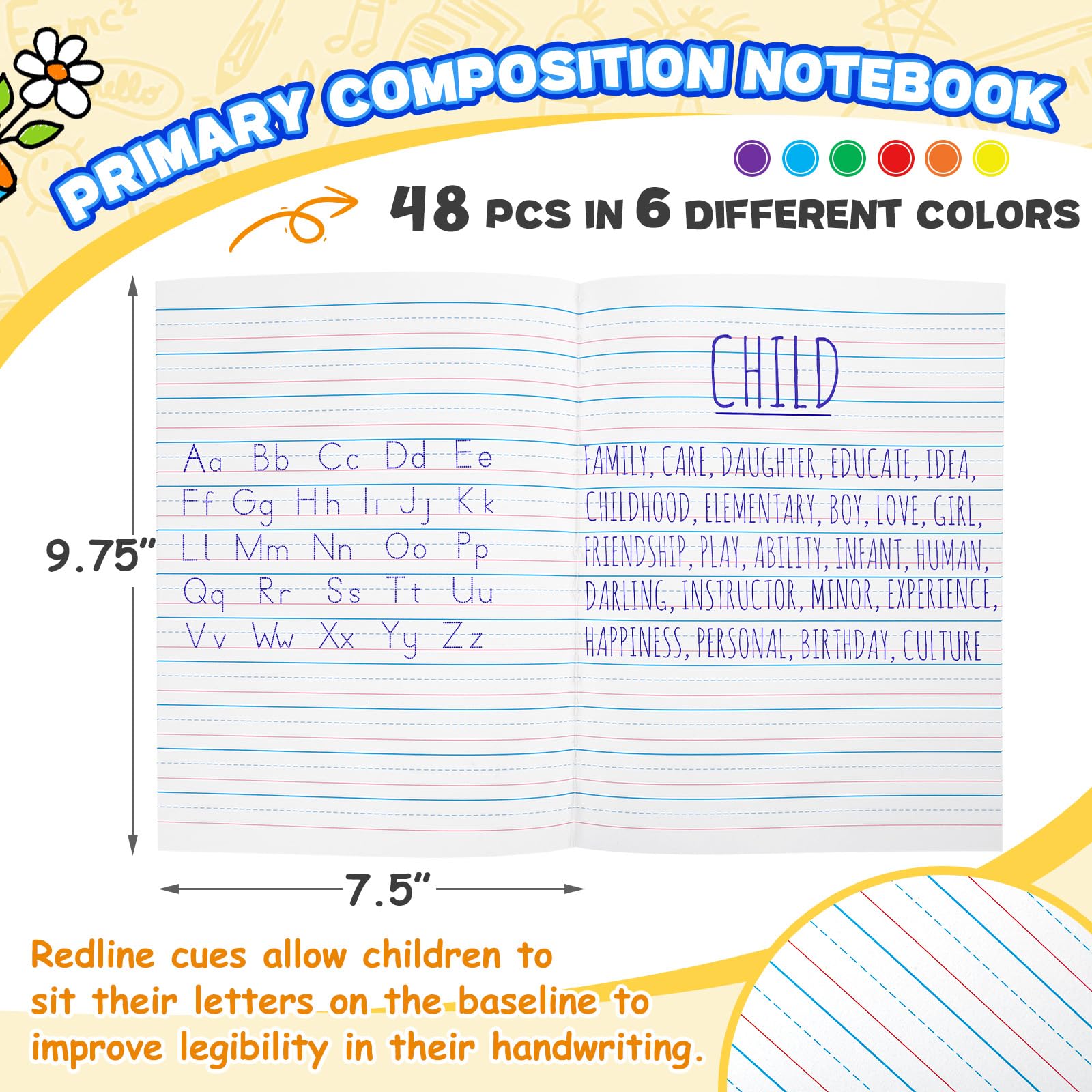 Henoyso 48 pezzi, 60 pagine, 24,8 x 19,1 cm, quaderno per composizione primaria K-2 a righe per bambini, diari primari, fogli per esercizi di scrittura a mano, forniture scolastiche