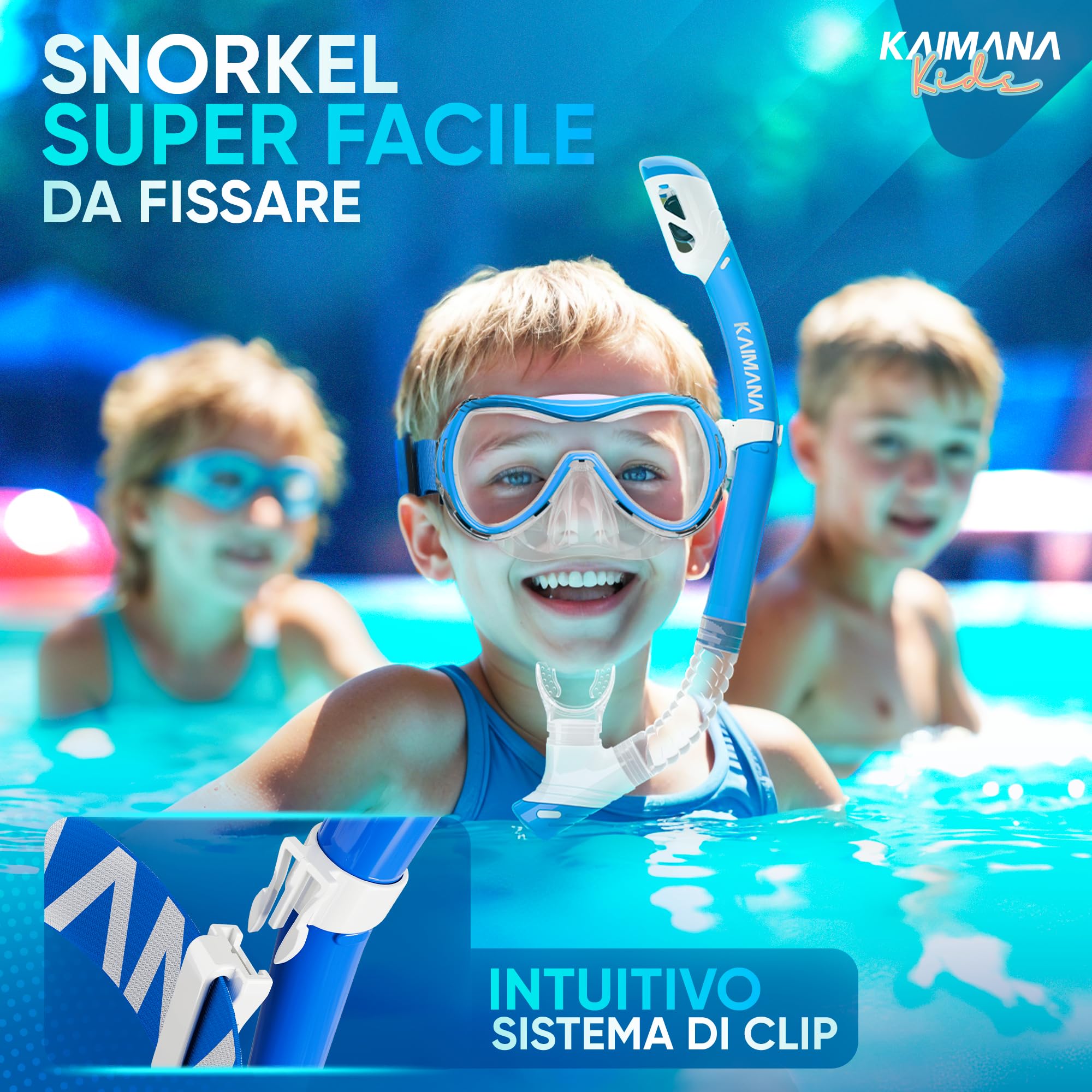KAIMANA® SeaExplorer Set Maschera Boccaglio Bambini & Borsa – Kit Snorkeling Bambini 3-10 Anni – Maschera con Boccaglio Bambino, Cinturino Tessuto o Silicone – Mare e Piscina