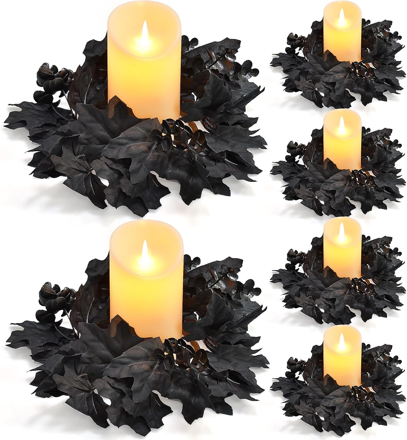 6Pcs Candle Rings, Halloween Black Candle Rings Wreath for Pillar Candle Holder, Maple Leaf Small Wreaths for Fall Thanksgiving Home Table Centerpieces, Door, Wall, Window Decorations (Black)