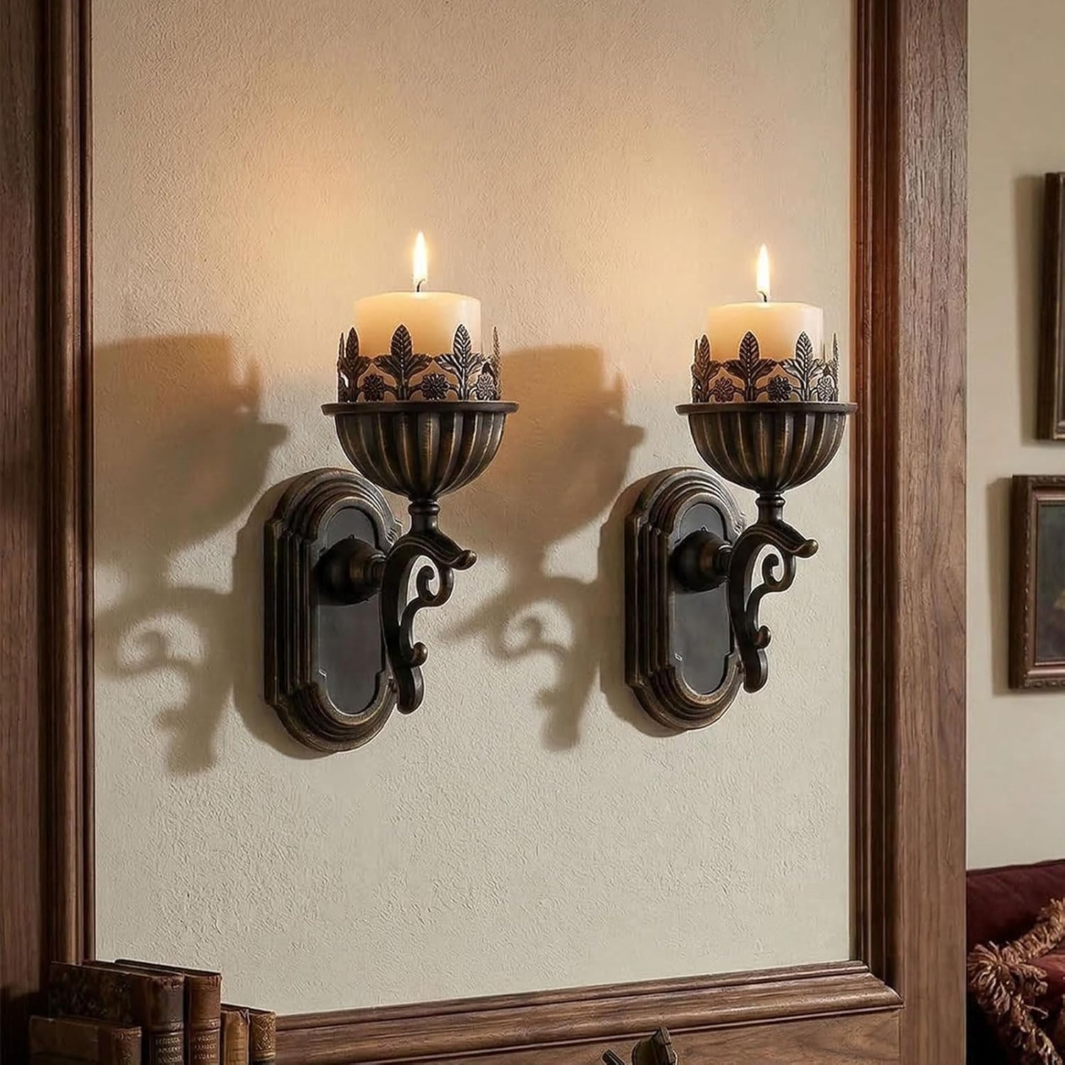 AIM & GGKK Wall Candle Holder Sconce, Set of 2 Vintage Metal Crown Design Wall Mounted Candle Holder for Pillar Candles, Antique Bronze Decorative Wall Sconce for Living Room Hallway Entryway