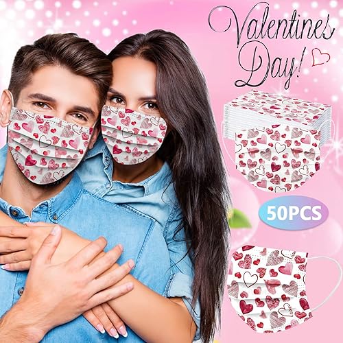 Miniatura 2 de Paquete de 50 mascarillas desechables de San Valentín para adultos, con estampado de corazón, desechables, para adultos, vacaciones, parejas,