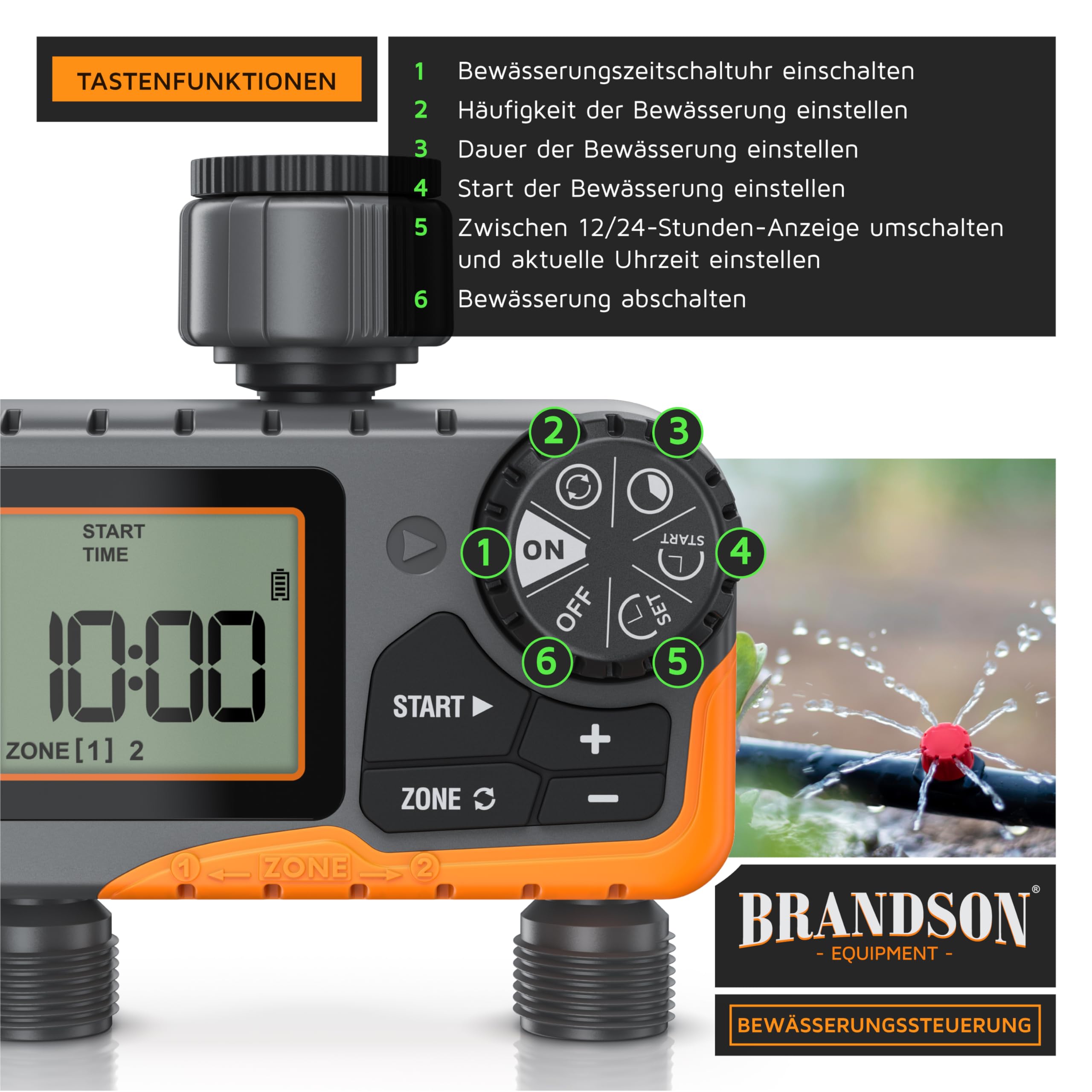 Brandson - Bewässerungssteuerung mit 2 Ausgängen - Bewässerungscomputer digital mit Display - 2 Zonen - Bewässerungssteuerung - Bewässerungssystem – Automatische Bewässerung - Balkon Terrasse Garten
