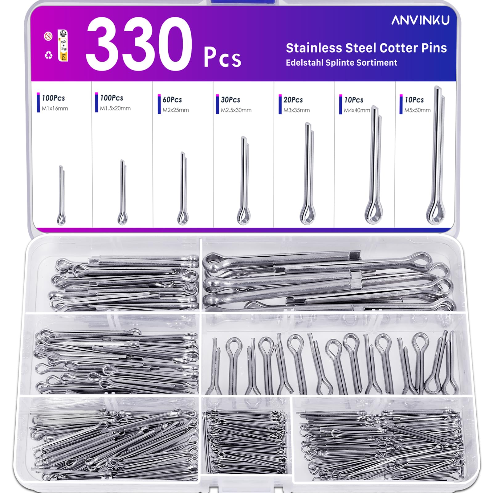 Set di 330 splinte in acciaio inox, 7 misure, M1/M1.5/M2/M2.5/M3/M4/M5, 304 in acciaio inox per auto, meccanica, riparazione navale