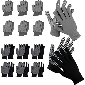 14 Pairs Work Gloves Men Women Grey/Black Nylon gloves knitted gloves with grip nubs non-slip protective gloves for work warehouse car assembly gloves