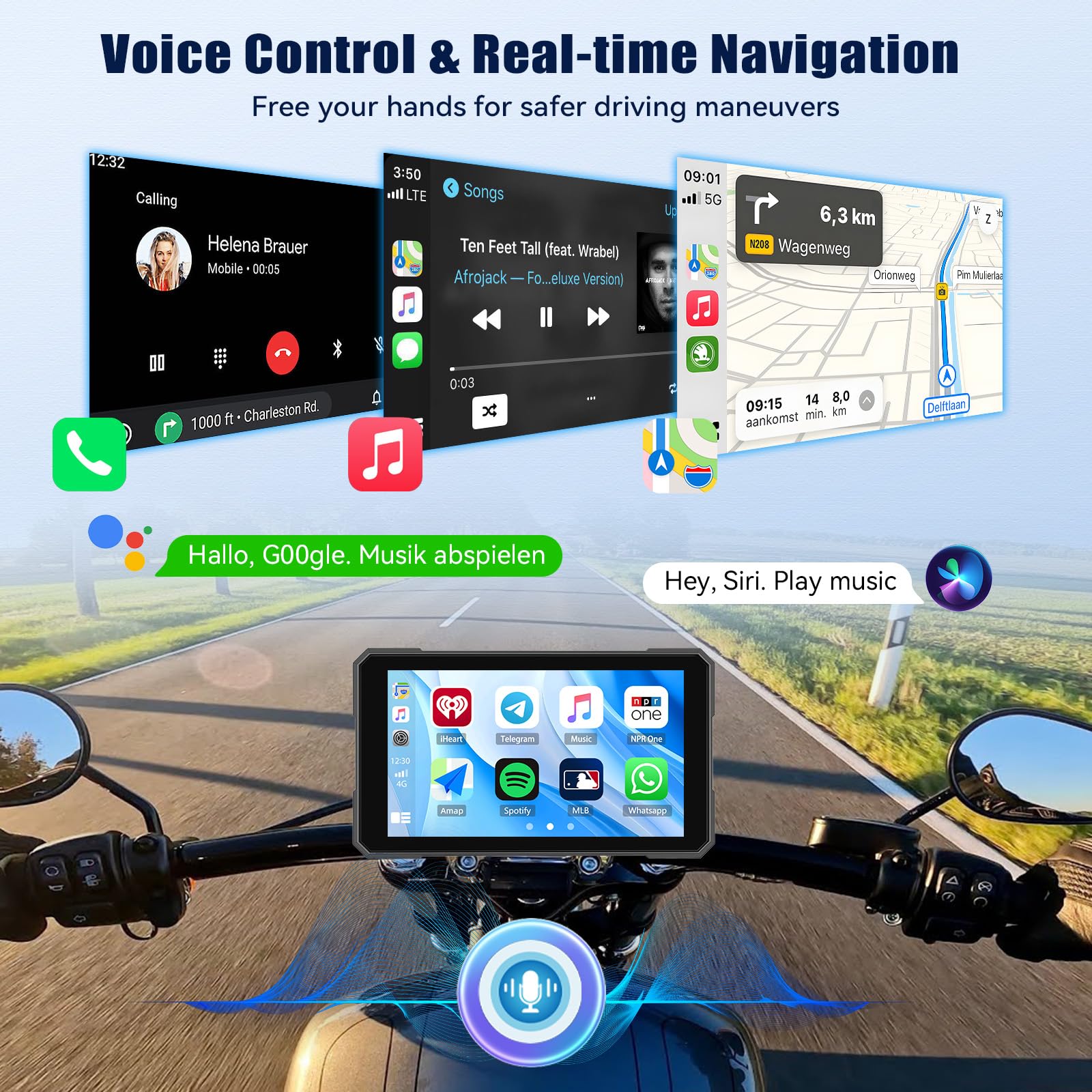 Carplay Moto 5 Pulgadas para Carplay Android Auto, Dashcam Delantera y Trasera para Coche, GPS Dashcam Moto con App, Navegación GPS, Siri, G-oogle Assistant, Bluetooth, Resistente al Agua