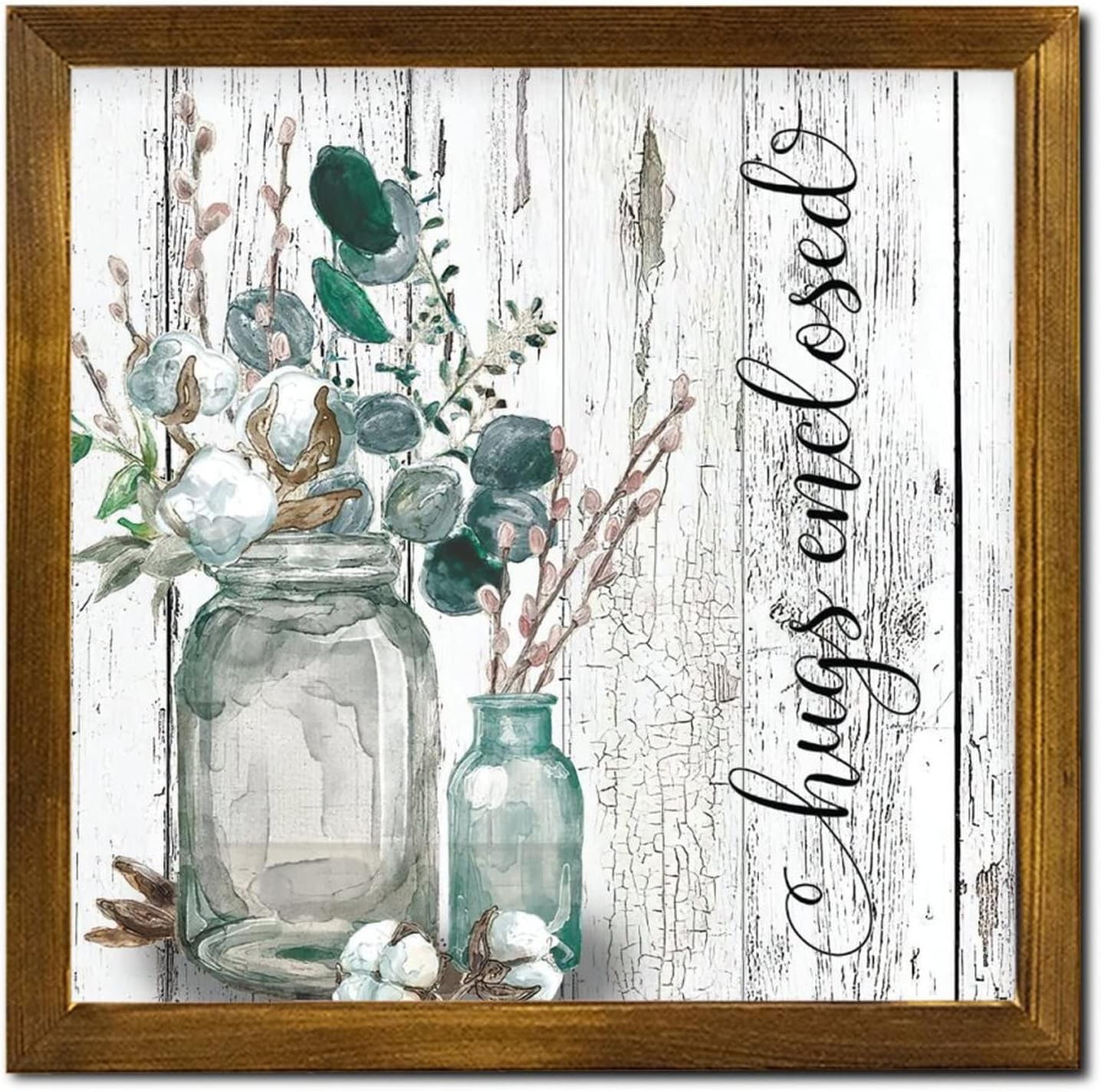 Hugs Enclosed Framed Wood Signs Spring Kapok Flower in Vase Porch Sign Vintage Garden Floral Home Wall Decoration for Home Front Door Entryway Porch 12x12 inch