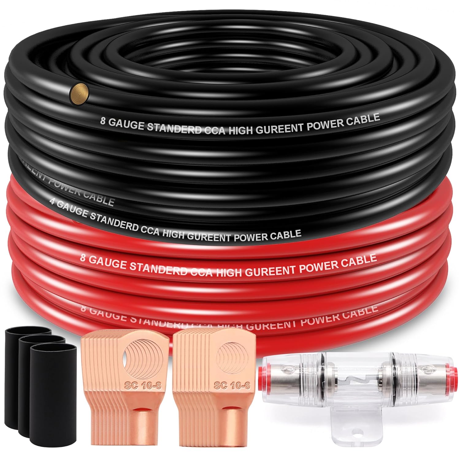 100FT 8 Gauge Wire (50ft Each- Black/Red) Copper Clad Aluminum CAA- with 8ga Lugs,60A Fuse Holder and Heat Shrink Tube,Car Amplifier Power & Ground Cable
