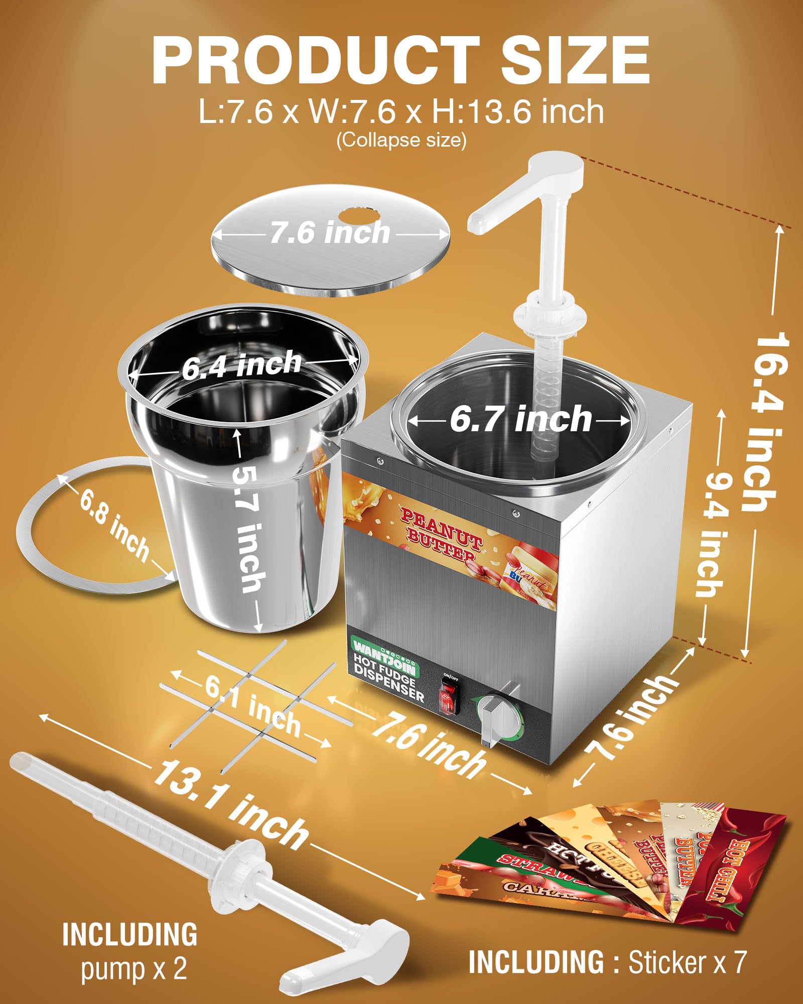 WantJoin Dispensador de Queso Nacho con Bomba, Calentador de Queso Nacho de 4.6 Cuartos de galón, Calentador de Caramelo Caliente de Acero Inoxidable con Ajuste de Temperatura de 5 Niveles,