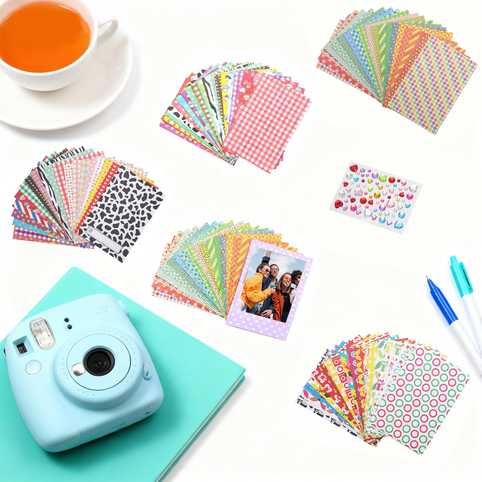 140 sztuk naklejek na ramki zdjęciowe 9x6 cm, kolorowy zestaw naklejek do dekoracji DIY, mini naklejki na ramki zdjęciowe, dekoracyjne naklejki z kryształkami do Fujifilm Instax Mini 9/8/7S/70/26/50S
