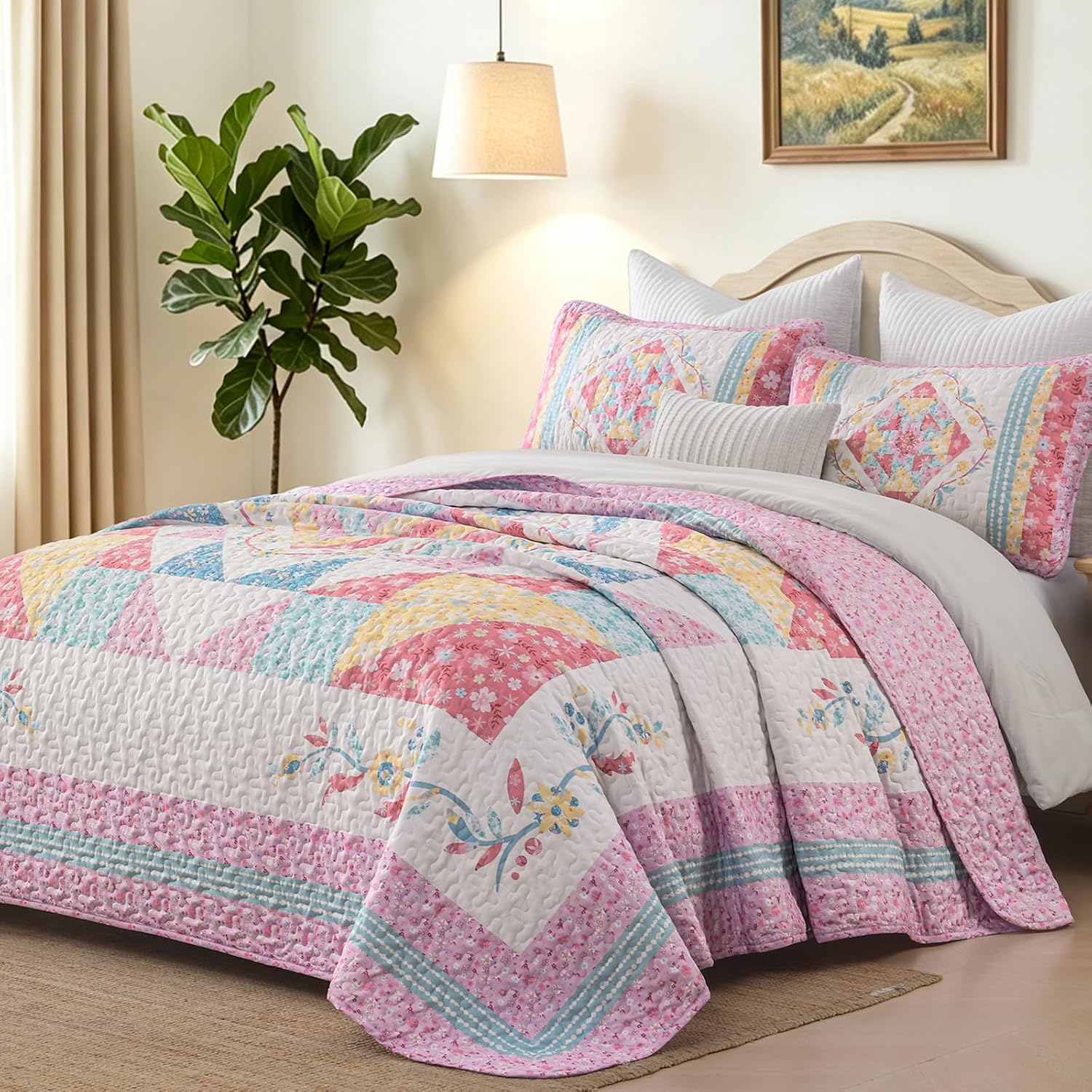 Dobuyly Queen Quilt Set,Floral Patchwork Bedspreads Queen Size,Summer Pink Girl Vintage Lightweight Coverlet Set for Queen Bed for All Season96 x90