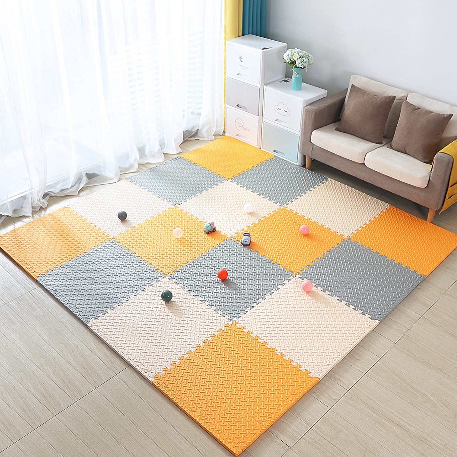 Puzzle Tapis Mousse, Tapis De Jeu Très Résistant pour Enfants, Jeu Tapis De Puzzles pour Bébé, 30X30cm X1cm, EVA Multicolore Home Tapis Puzzle Jeux Tapis Mousse,Beige+Gray+Orange,24pcs