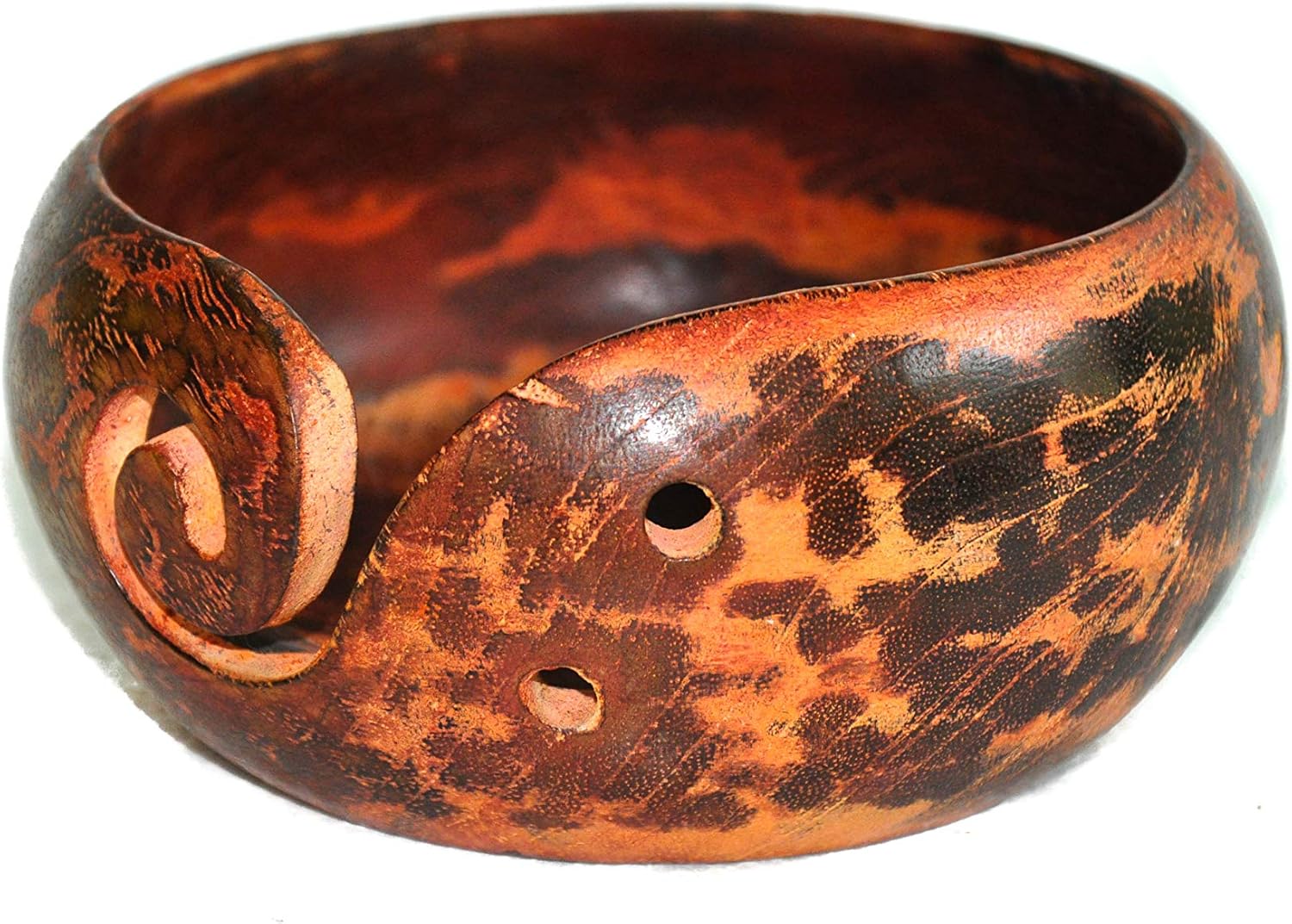 Premium Solid Dark Handmade Crafted Wooden Portable Antique Yarn Storage Bowl - Holder for Knitting Crochet Hook Accessories (6" x 6" x 3", Rustic Orange)
