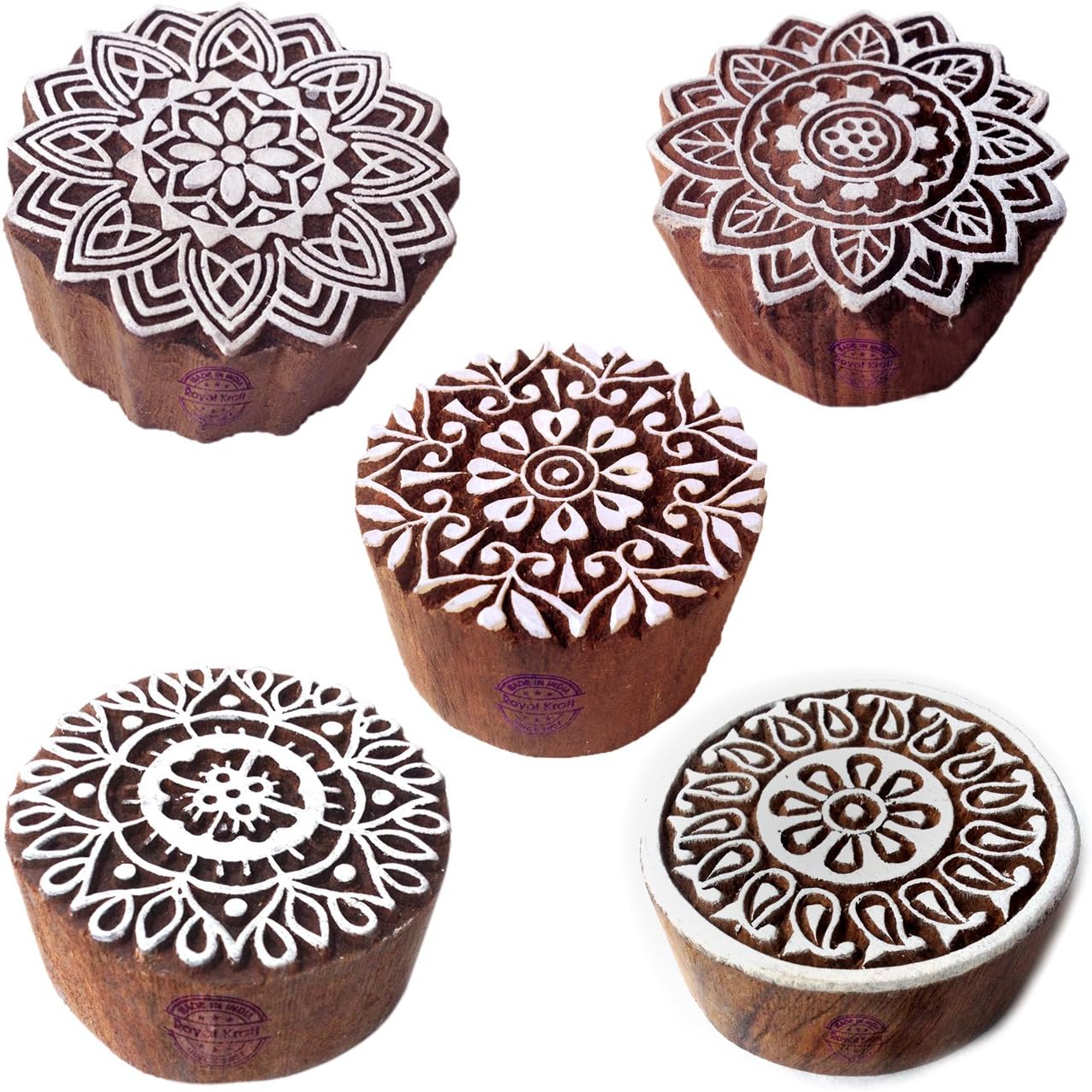 Royal Kraft Designer Motif Floral and Mandala Wood Stamps for Printing (Set of 5)