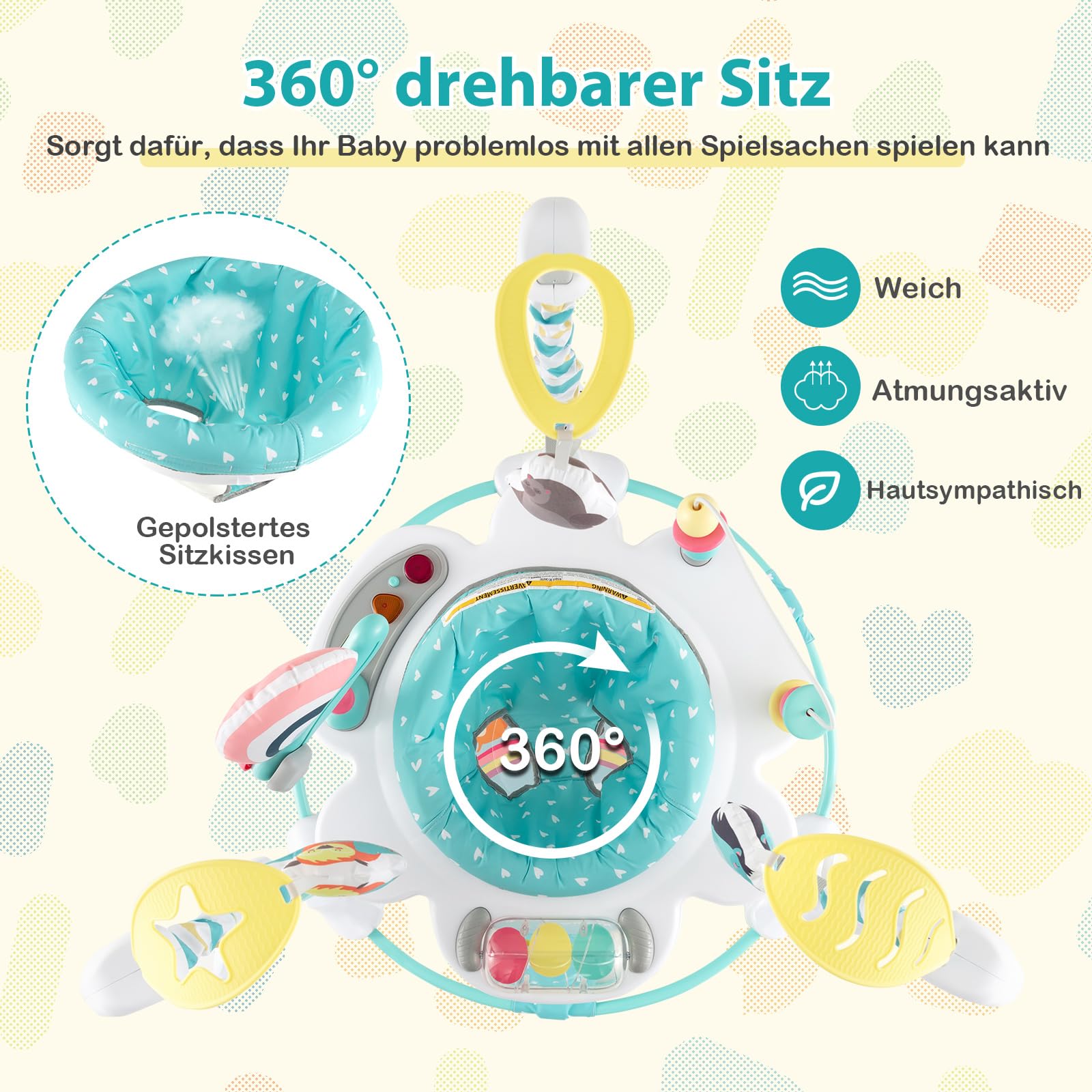 COSTWAY Baby Sky Jumperoo, Lauflernhilfe mit verstellbaren Höhen, Spielzeuge & Spieluhr, Hüpfstuhl mit 360° drehbarer Sitz, Aktivitätszentrum für Baby ab 6 Monaten, 12 kg Belastbar