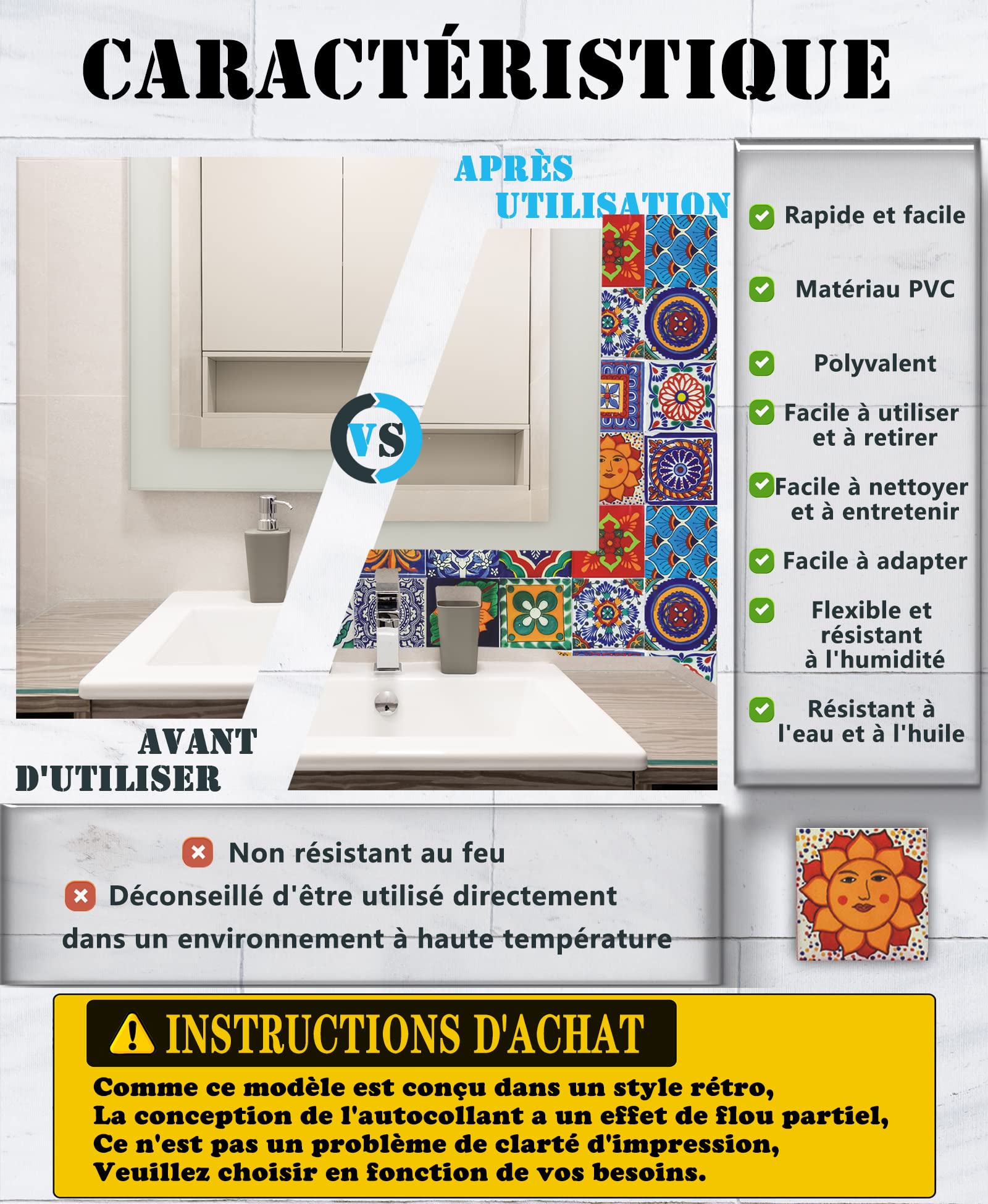 24Pz Adesivi per Piastrelle Decorazione Murale Bagno Cucina Parete Adesivi Impermeabile PVC Adesivi Decorazione - Adesivo 2D con Design retrò in Stile Mosaico (15x15cm)