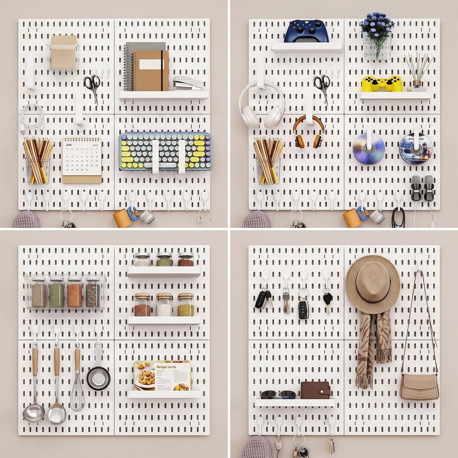 Stecktafel-Kombinationsset, mit 4 Stecktafeln (30x30cm) + 20 Zubehör, Modular zum Aufhängen für Wand-Organizer, für Wand-Organizer, Bastelorganisation, Ornament-Ausstellung, Kinderzimmer