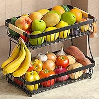 Sevenblue 2-Tier Fruit Basket for Kitchen Counter with 2 Banana Hangers, Detachable Metal Bowl, Wooden Handle & Protective Mats