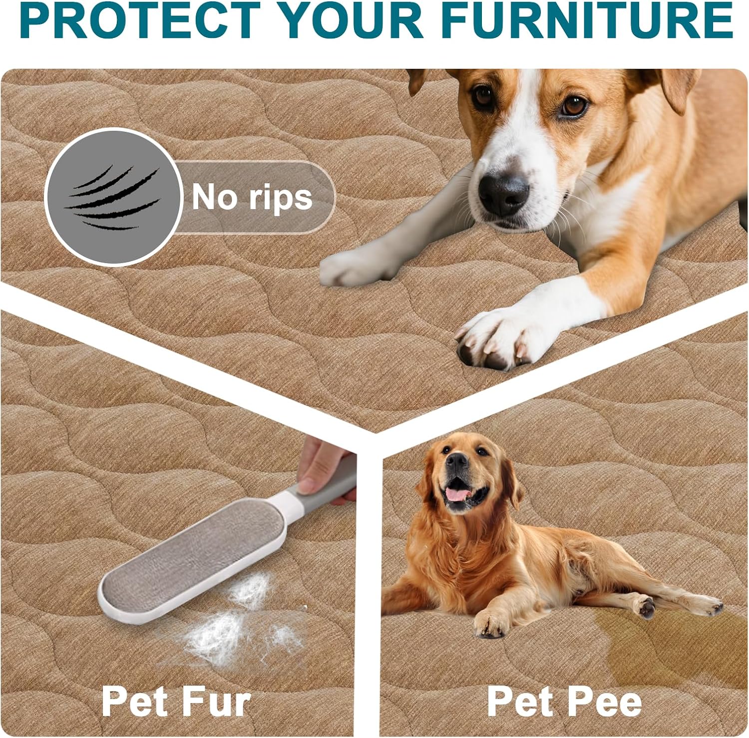 Turquoize Couch Cover for Dogs Washable Non-Slip Couch Covers for 3 Cushion Couch Sofa Pet Friendly Quilted Thick Chenille Sofa Slipcover Furniture Protector Covers for Pet, 36 x 70Inch, Khaki