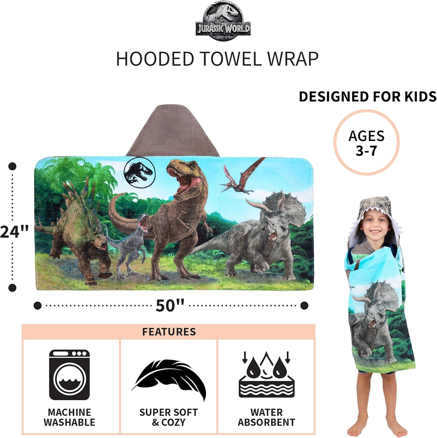 Jurassic World Kids Super Soft Bath/Pool/Beach Soft Cotton Terry Hooded Towel Wrap, 24 in x 50 in, (Officially Licensed Product) By Franco - Image 5