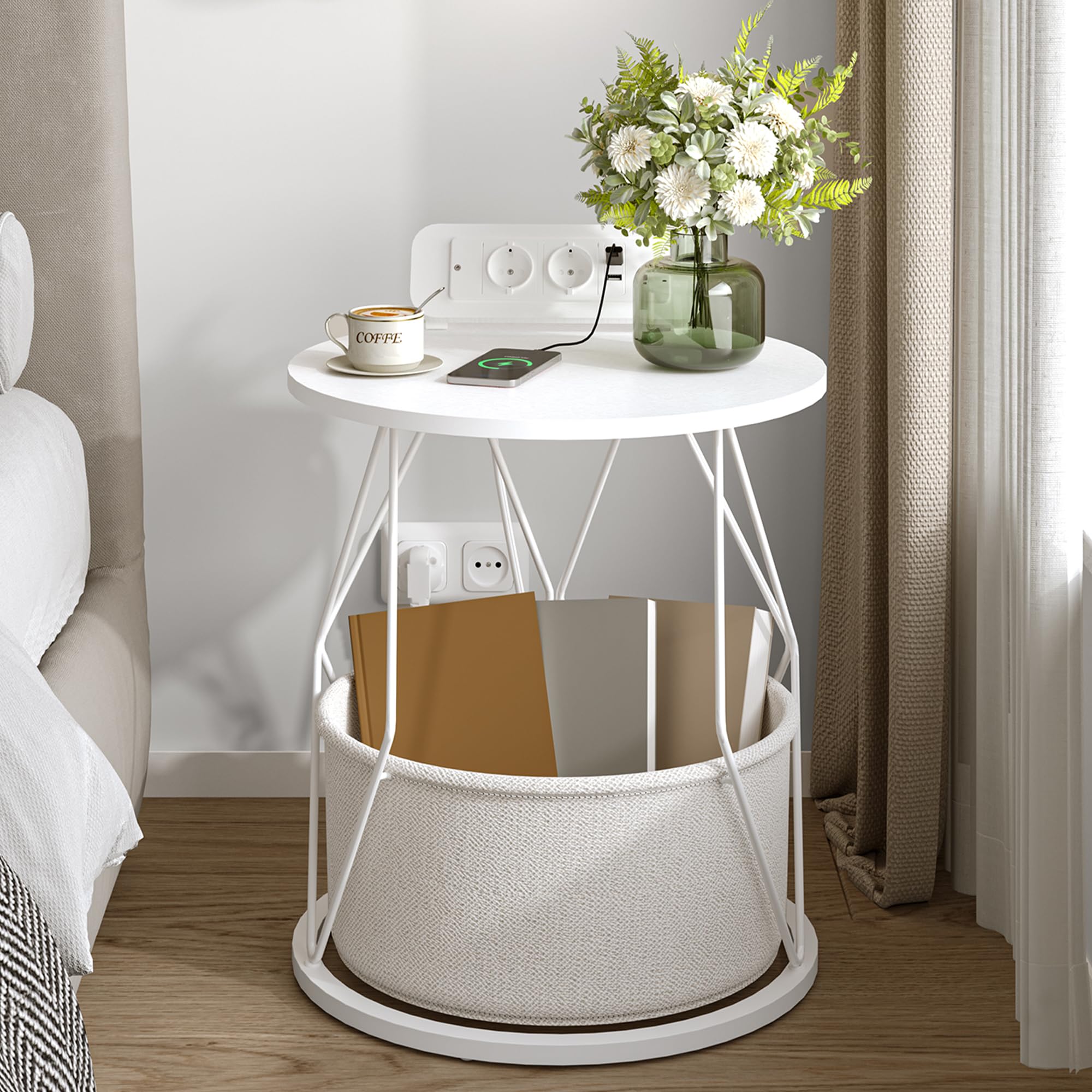Hzuaneri Petite Table Basse Ronde, Petite Table D'appoint avec Station De Chargement Et Panier De Rangement, Table De Salon, Table Basse, Table De Chevet pour Salon, Blanc, ET45003X