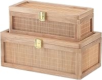Vista 9 de Caja decorativa de ratán, cajas de exhibición bohemias con tapas, juego de 2 cestas de almacenamiento de mimbre rectangulares, contenedores de caña