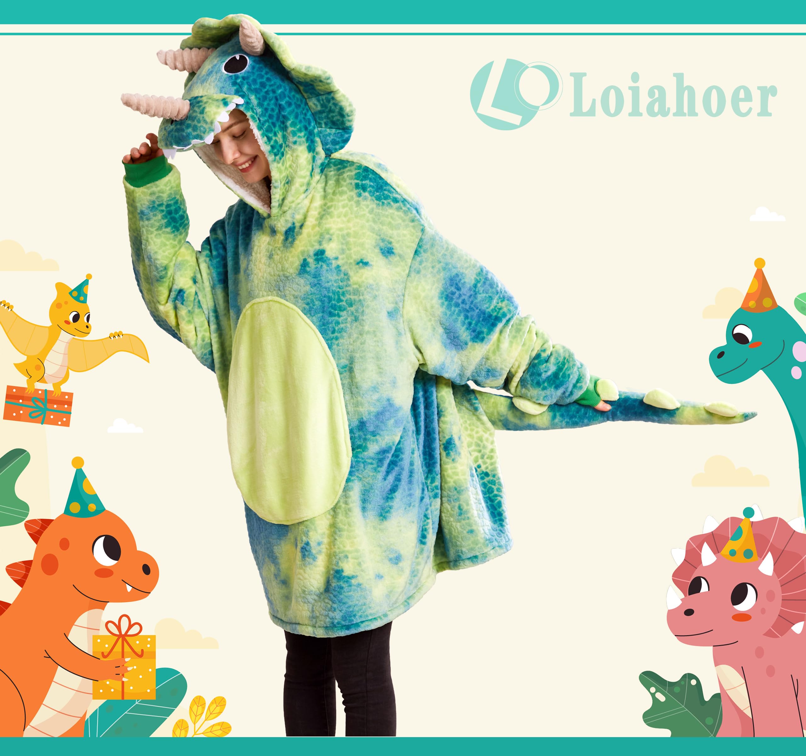 Loiahoer Unisex Triceratops Kostüm Hoodie,Mikrofaser & Sherpa Tie-dye Dino Tragbare Decke Karneval Halloween Kostüm, Einheitsgröße für Alle