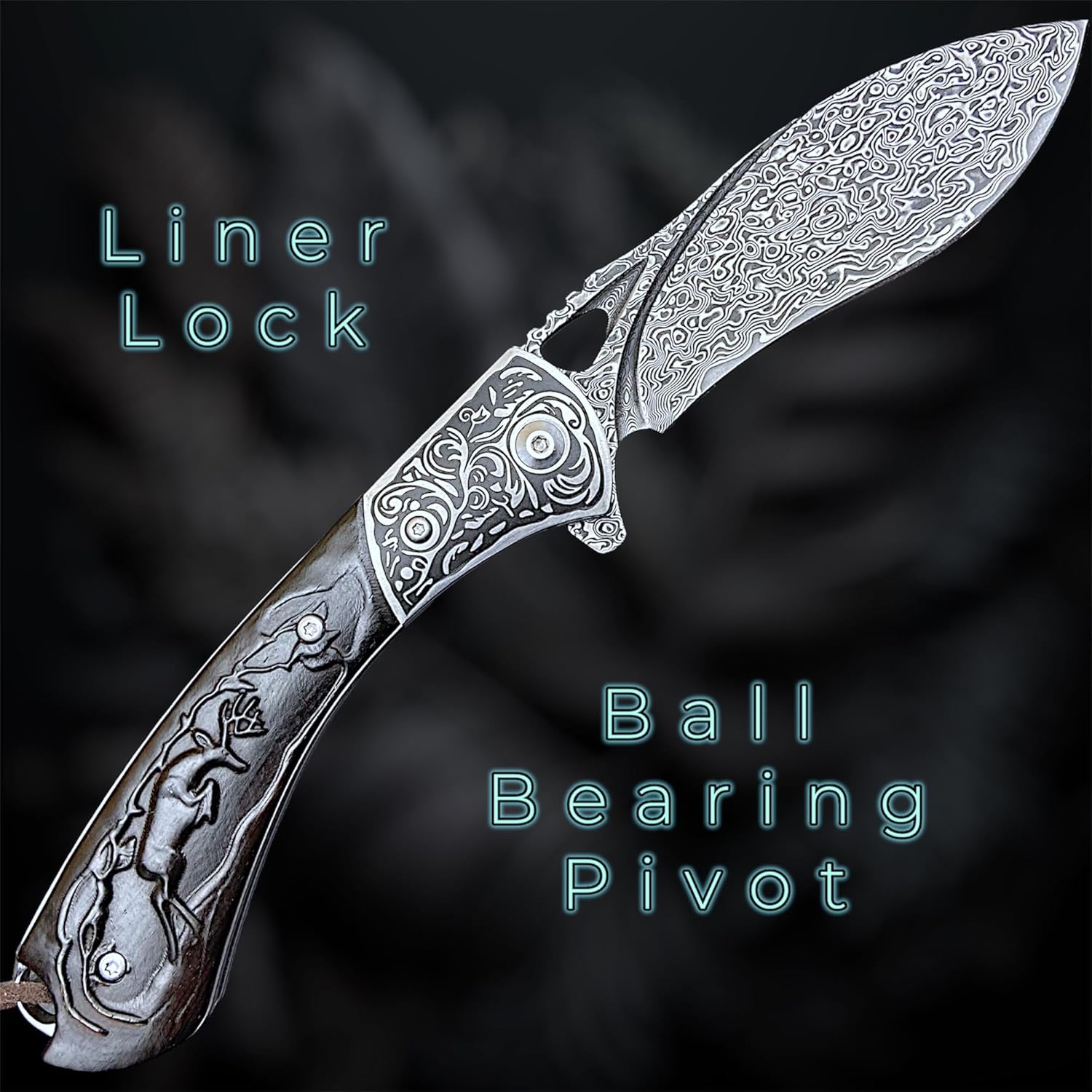 TACTICAL GEARZ Damascus Pocket Knife, Custom Carved Ebony Handle, Includes Custom Leather Sheath (Kanaka XT)