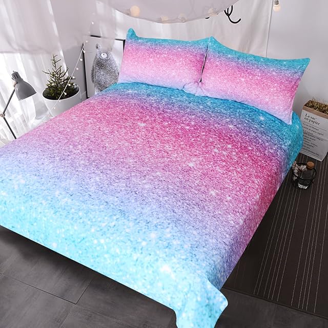 BlessLiving Colorful Glitter Bedding Girly Turquoise Blue Pink and Purple Pastel Colors Duvet Cover 3 Piece Trendy Bed Spreads(Double)