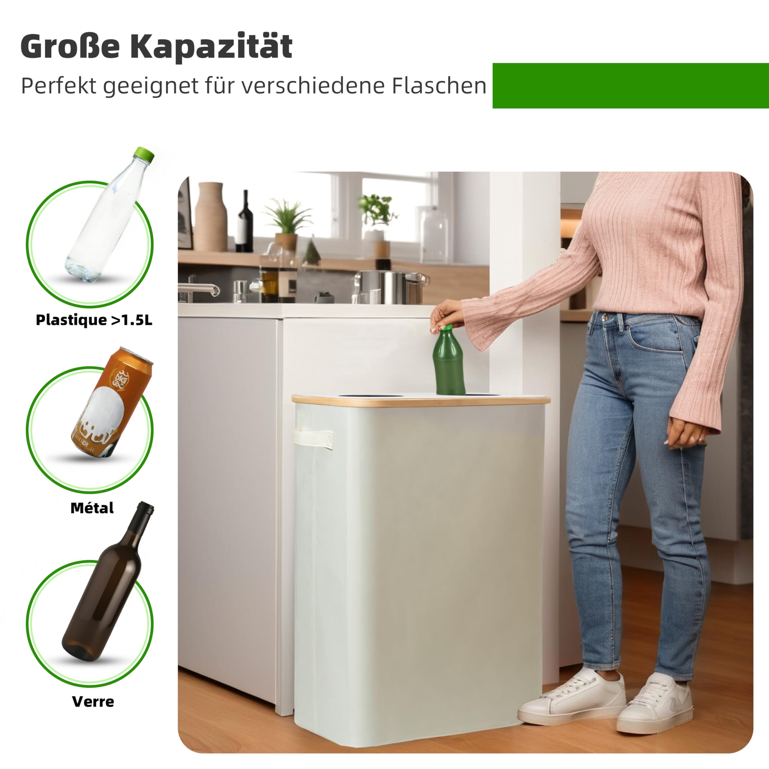 SYLANDO 140L Pfandflaschen Sammelbehälter mit Deckel & XXL Tragetaschen, Flaschensammler für Leergut & Altglas, 2 Fächer Organizer mit Lochdesign, Recycling Behälter für Küche & Abstellraum (Beige)