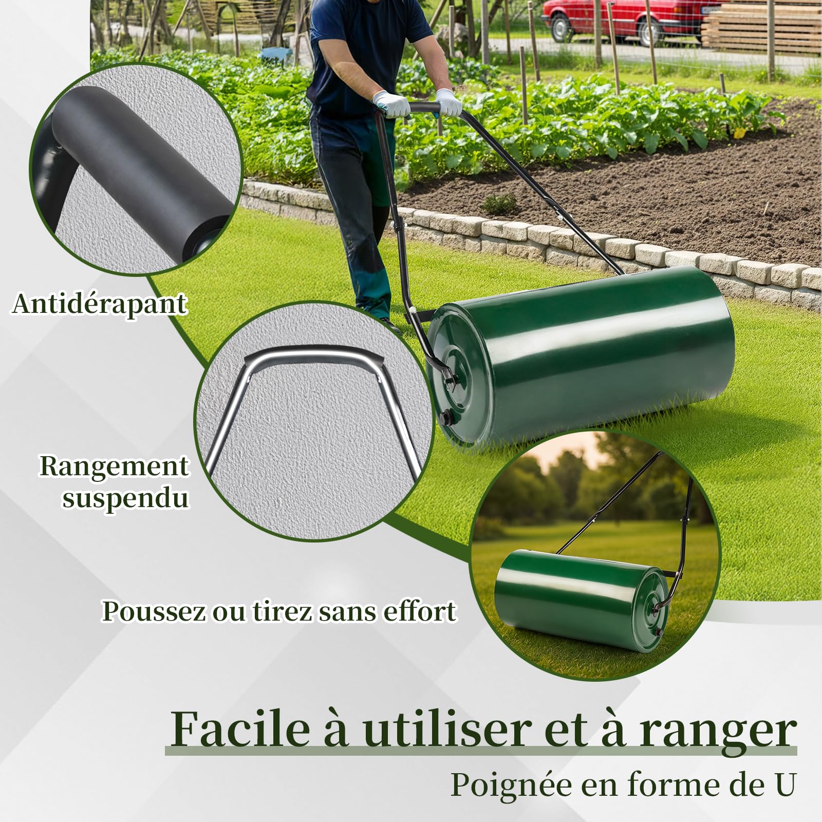 LEADZM Rouleau Gazon 50 L, Surface de Contact 60 cm, diamètre 32 cm – remplissable de Sable ou d'eau, Rouleau aérateur de pelouse, poignée rembourrée, Confortable et Efficace