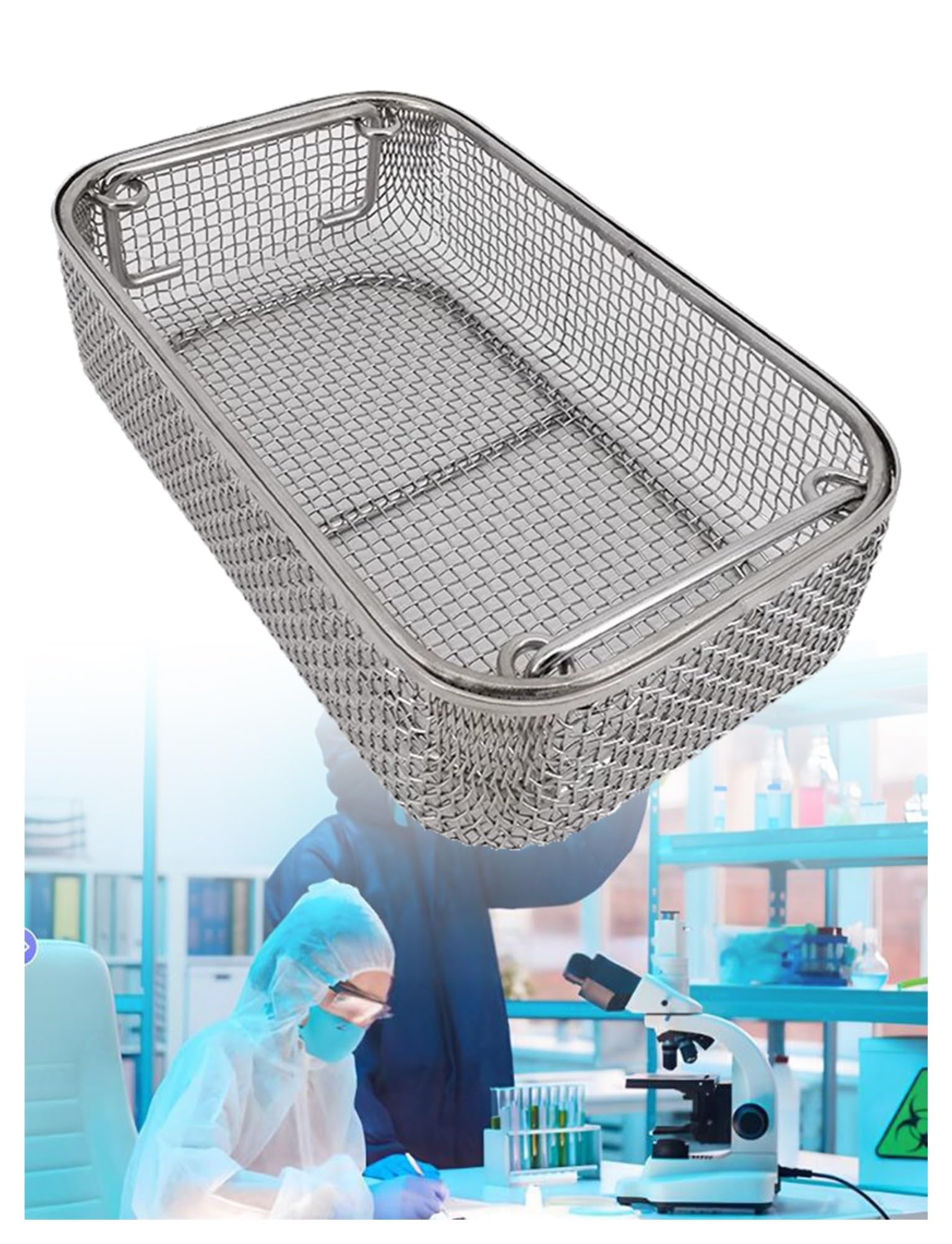 Generisch Sterilisationskorb, perforierte Netzkörbe, Sterilisationstablett, universeller Reinigungskorb mit Griff, 0,16-Zoll-Netz for chirurgische Zwecke(35x20x7cm)
