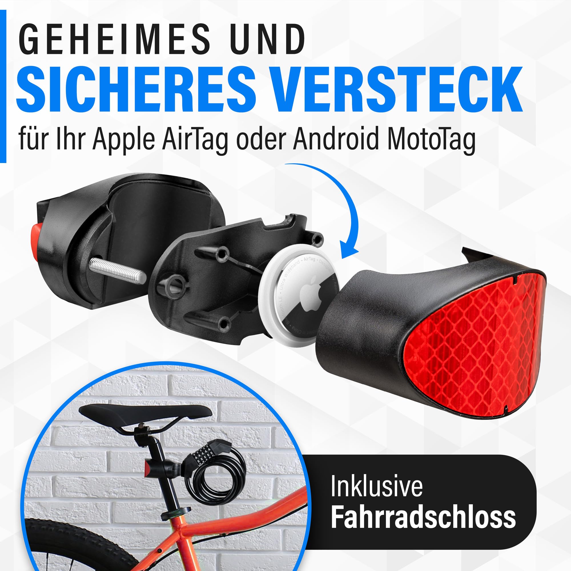 Antivol Vélo Avec Cachette AirTag – Combinaison, Support Pour Traceur GPS, Réflecteur Intégré – Compatible Moto Tag
