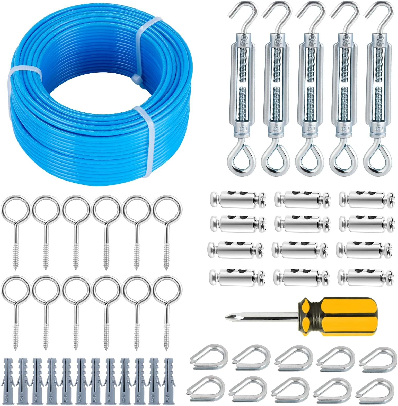 1/8" Clothesline Wire Kit, 100 ft PVC Coated Galvanized Steel Cable | Blue Wire Rope with 7 × 7 Strands Core, Multi-use Turnbuckles for Cables Wires/Clothes Line/Grape Vine/String Light Hanging