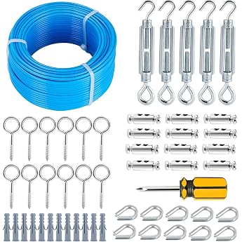 30 m Wire Rope 3 mm Blue PVC Coated Steel Cable with Eyelets & 7 x 7 Strand Wire Rope for Washing Line Washing Line Tensioner for T-Posts String Light Hanging Garden Wire