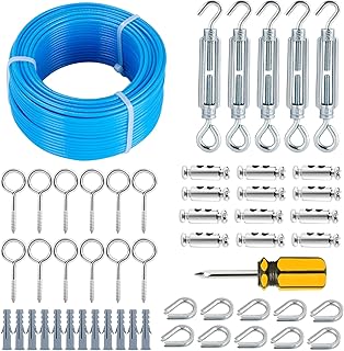 hannger Turnbuckles for Cables Wire, 1/8" X 100Ft Blue PVC Coated Wire Rope Kit, Multi-use Steel Cable for Grape Vines/Clothes Line Outdoors for T Post/String Light Hanging/Garden Wire