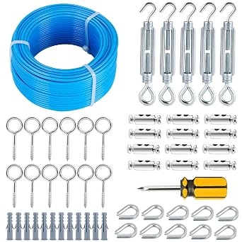 1/8" Clothesline Wire Kit, 100FT Blue PVC Coated Steel Cable Wire Rope with 7 7 Strands Core, Multi-use Turnbuckles for Cables Wires/Clothes Line Cable/Grape Vine/String Light Hanging Kit