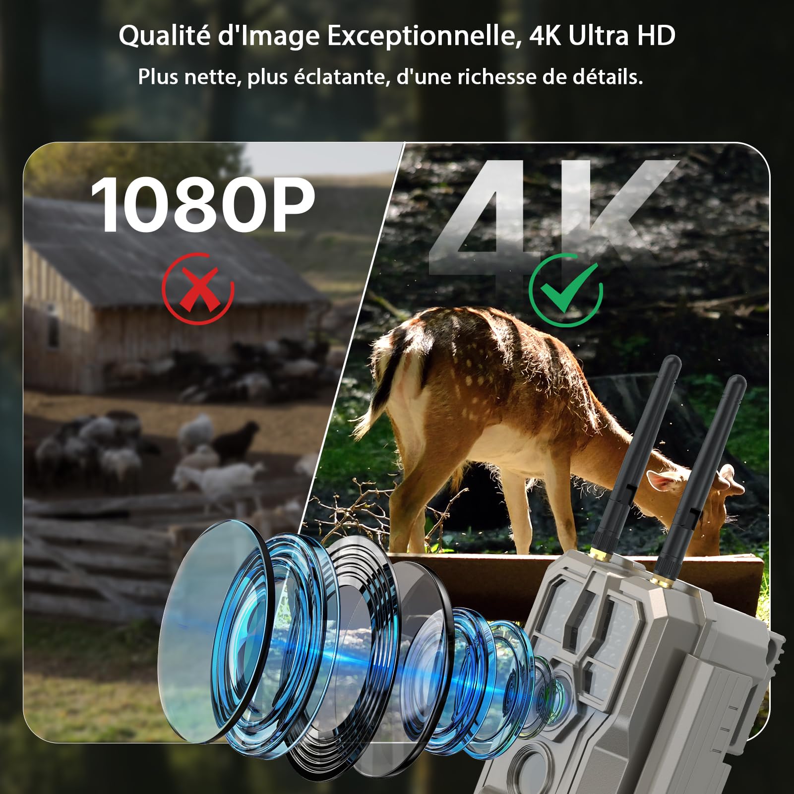 GardePro E8 2.0 Caméra De Chasse Double Antenne WiFi avec Carte SD 64Go, Vidéo 4K H.264 64MP, Jusqu' 30m No Glow Infrarouge Vision Nocturne, Vitesse de Dclenchement 0,1s et Angle de Dtection 120°