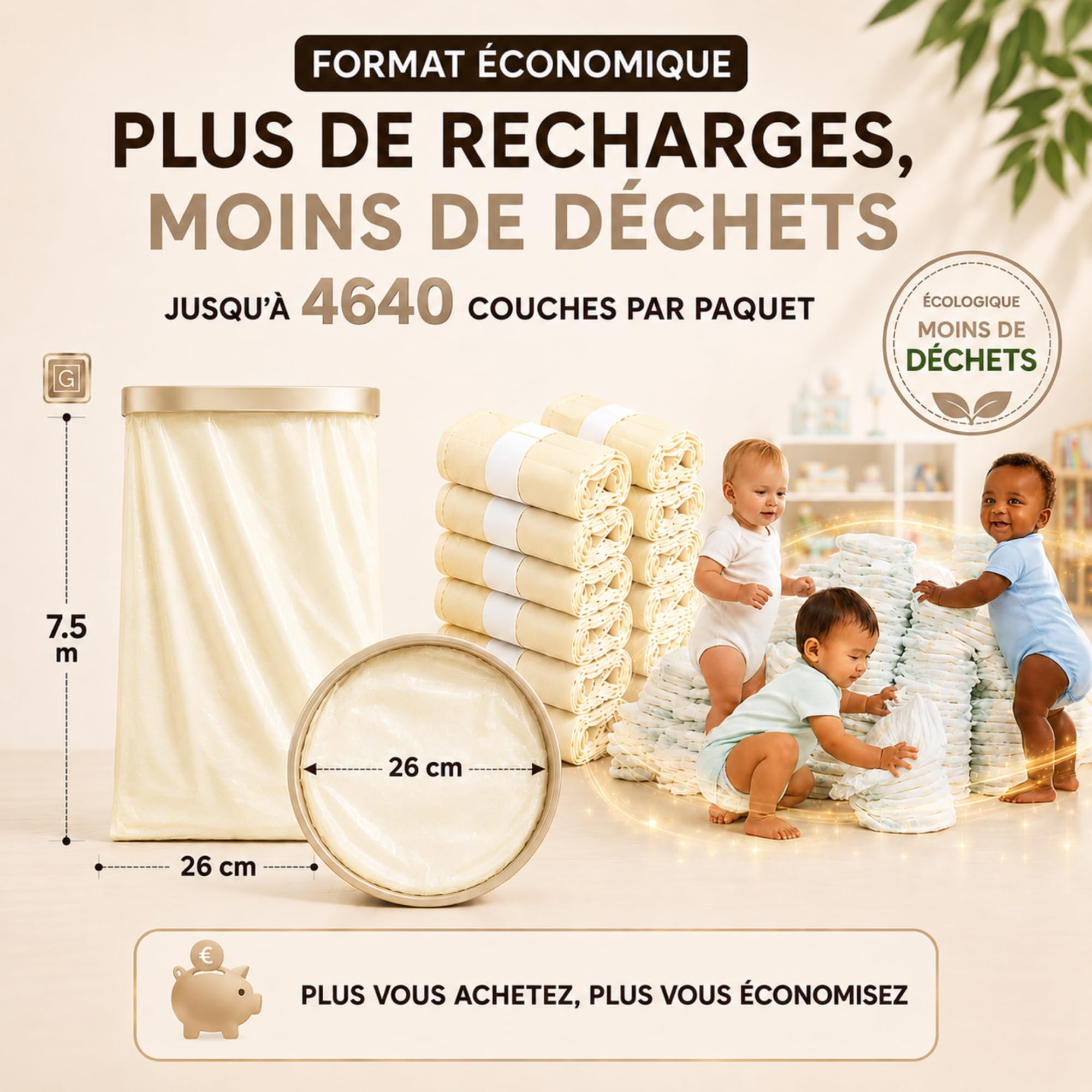 Recharges Poubelle à Couches XXL 12x7,5m Compatibles AngelCare Tommee Tippee Anti-Odeur Sans BPA Antibactérien Étanches