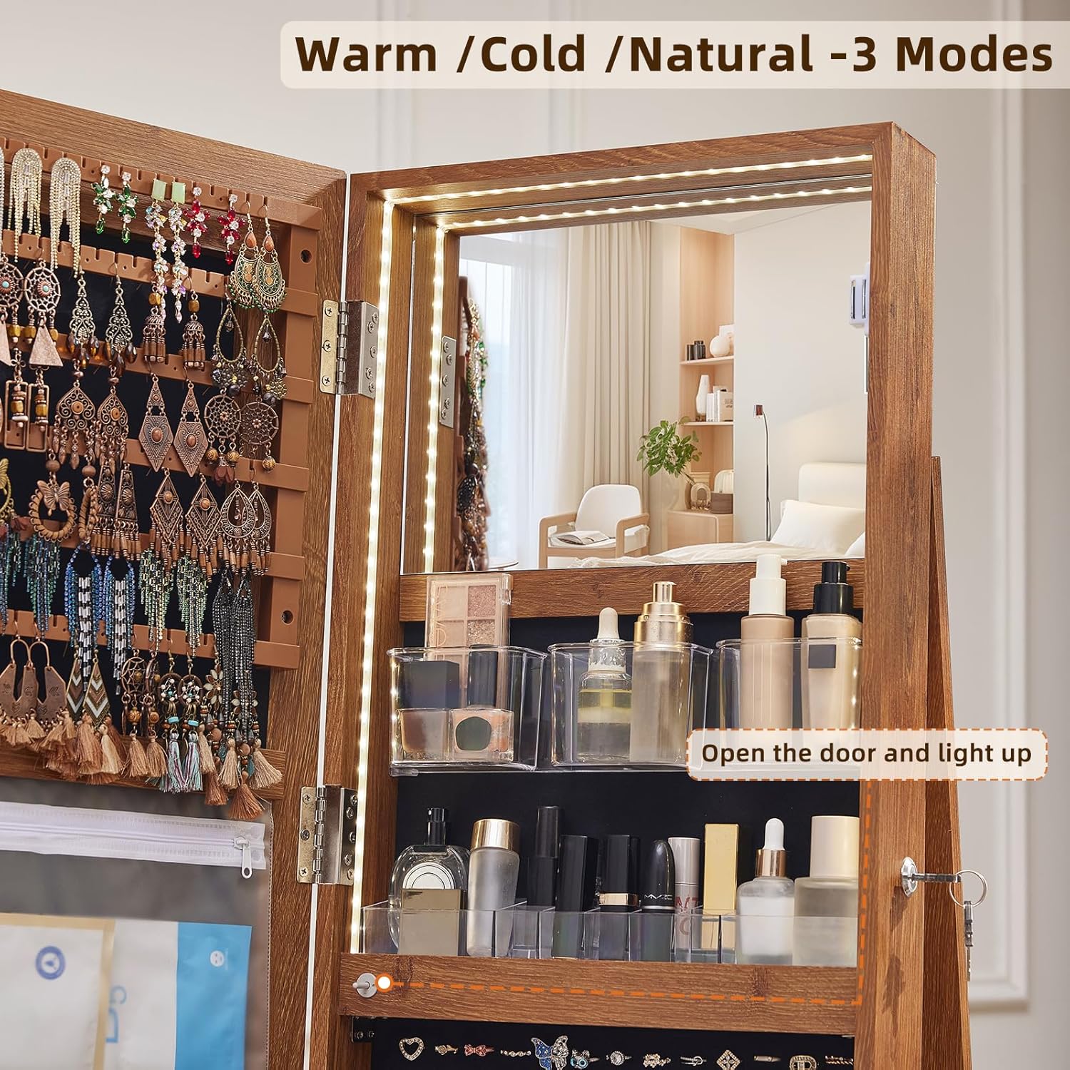 Rattan 360° Swivel Jewelry Armoire Cabinet Standing with Full Length Mirror, Lockable Jewelry Organizers and Drawer Storage with 3 Color LED Lights & Interior Mirror Rear Storage Shelves - Image 6