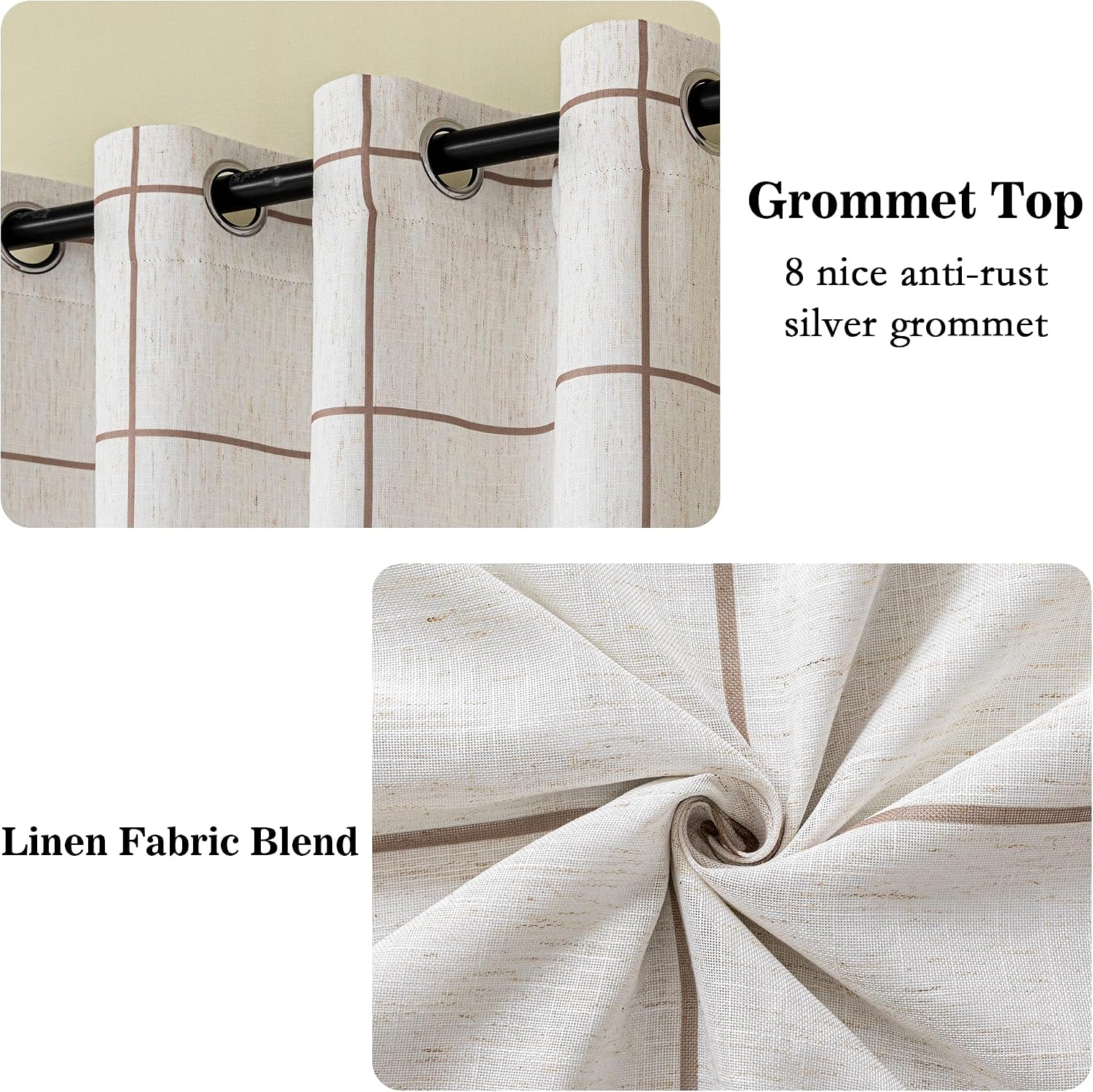 MYSKY HOME 100% Blackout Plaid Linen Farmhouse Short Curtains 54 Inches Long 2 Panels Set - Double Layer Thermal Insulated Black Out Windowpane Striped Print Drapes, Wide 52 Inch Each Panel, Brown