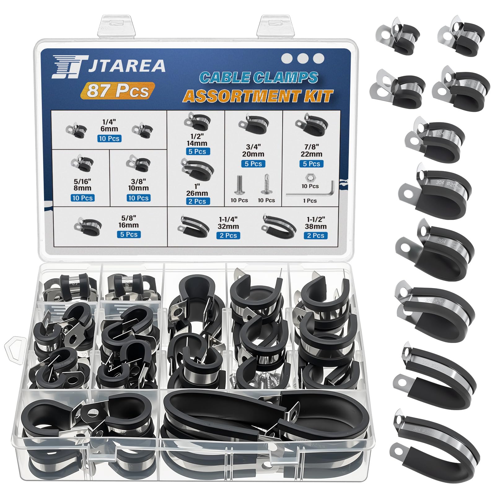 JTAREA 10Sizes Cable Clamps Assortment Set 6mm 8mm 10mm 14mm 16mm 20mm 22mm 26mm 32mm 38mm 304 Stainless Steel Cable Clamp Rubber Coated Wire Clip Pipe Clamp
