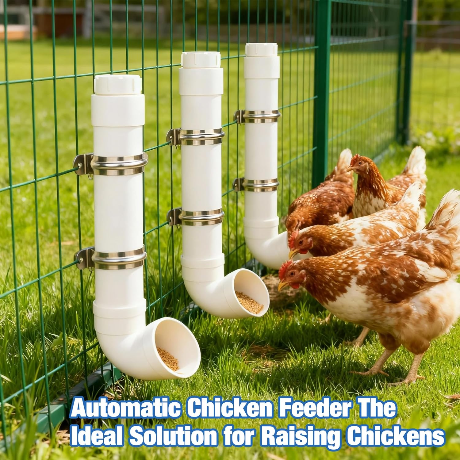 Homar 3pc Automatic PVC Chicken Feeder - No Waste, 6lb Large Capacity Heavy Duty Rat Proof PVC Pipe Tube Chicken Feeder for Coop Poultry Long Feeding