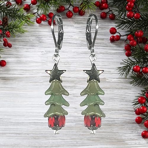 Miniatura 4 de CariCat Designs Boho Chic Green Santa Christmas Tree Holiday Earrings with Red Czech Glass Base and Gold Star - French Wire Lever Backs
