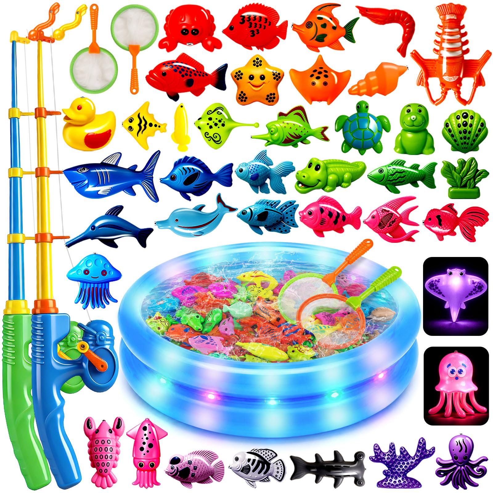 Light Up Magnetic Fishing Toy Set 2026 Upgrade 44PCS Magnetic Floating Fish Ocean Creatures with 2 Poles, Bath Toy, Outdoor Pool Toy Montessori Educational for Toddlers Kids Age 3+