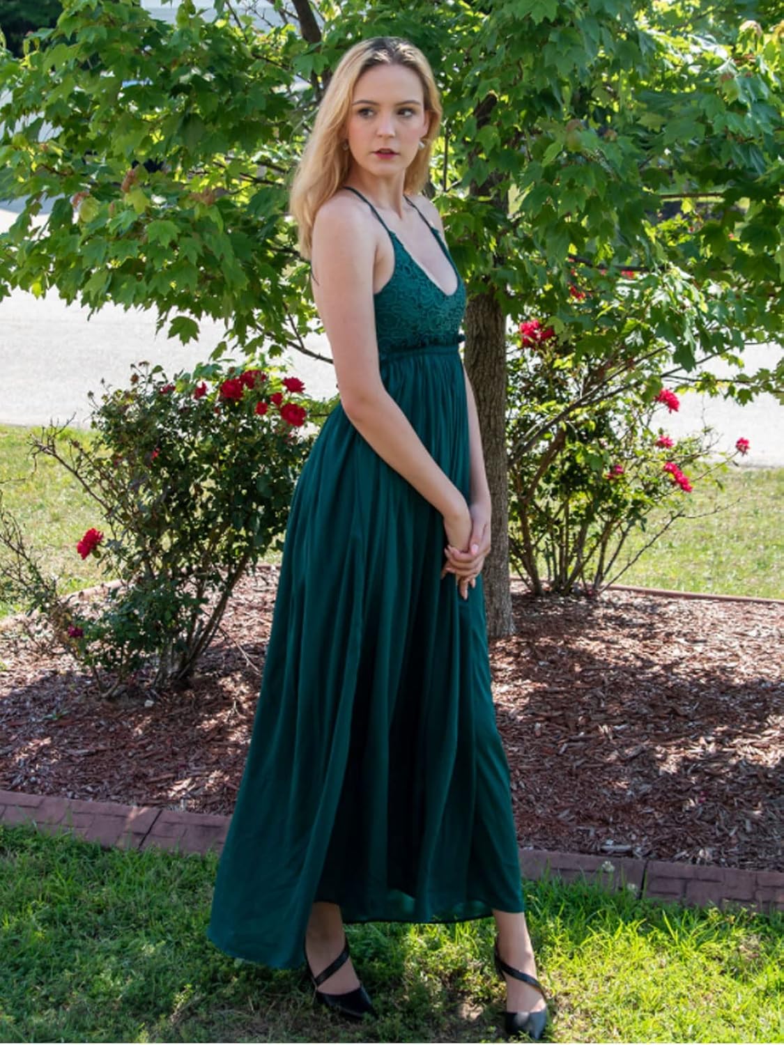 Ladmous Women's V Neck Floral Lace Wedding Dress Sleeveless Bridesmaid Evening Party Maxi Dress - Image 3