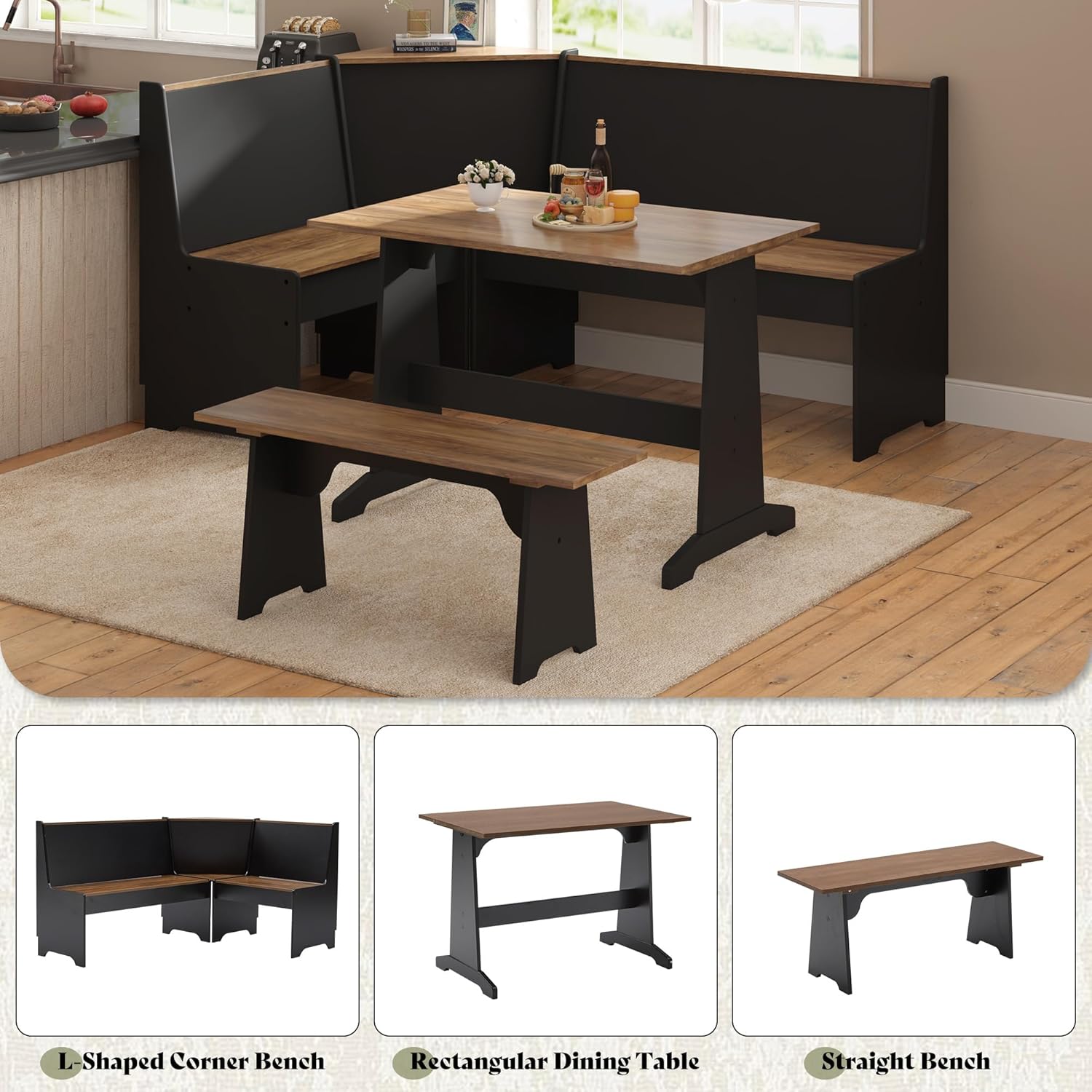 AMERLIFE Corner Dining Table Set with Storage, 3-Piece L-Shaped Breakfast Nook Featuring Hidden Bench Storage, Compact Kitchen Dining Set for Small Spaces, Black & Oak