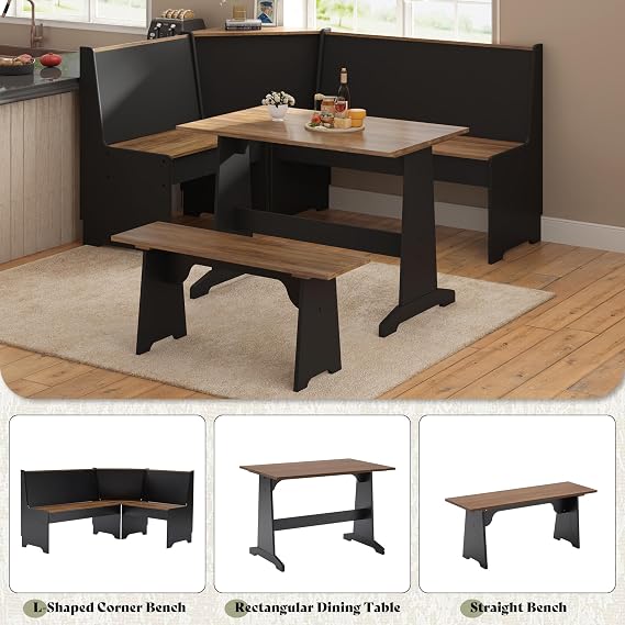 AMERLIFE 3-Piece Corner Dining Set with Hidden Storage, Black Oak | Dining Set for Small Spaces, Lift Up Storage Compartments, L Shaped Layout, Space Saving Furniture, Kitchen Dining Area