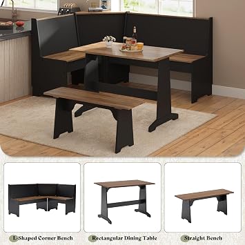 AMERLIFE 3-Piece Corner Dining Set with Hidden Storage, Black Oak | Dining Set for Small Spaces, Lift Up Storage Compartments, L Shaped Layout, Space Saving Furniture, Kitchen Dining Area