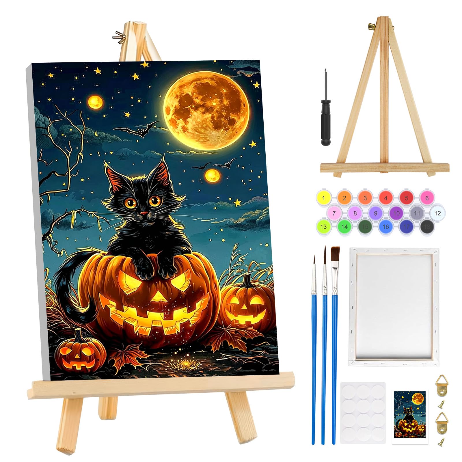 MOGTAA Halloween Paint by Numbers for Adults Beginners with Frame, Black Cat Painting by Numbers for Adults with Easel, Easy DIY Pumpkin Oil Painting Kits Art Crafts for Home Decor, 8x12in